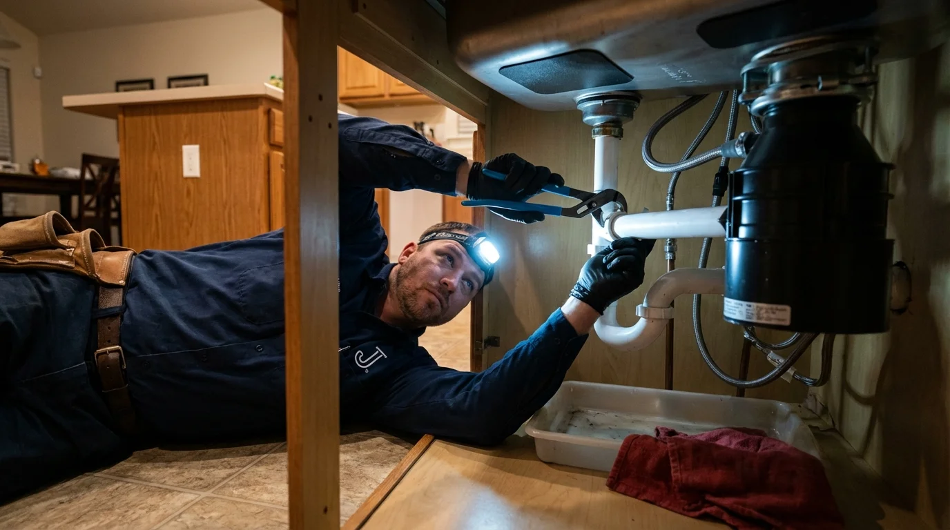 P-trap and supply line connections under a kitchen sink showing a common leak point in Lafayette, CO